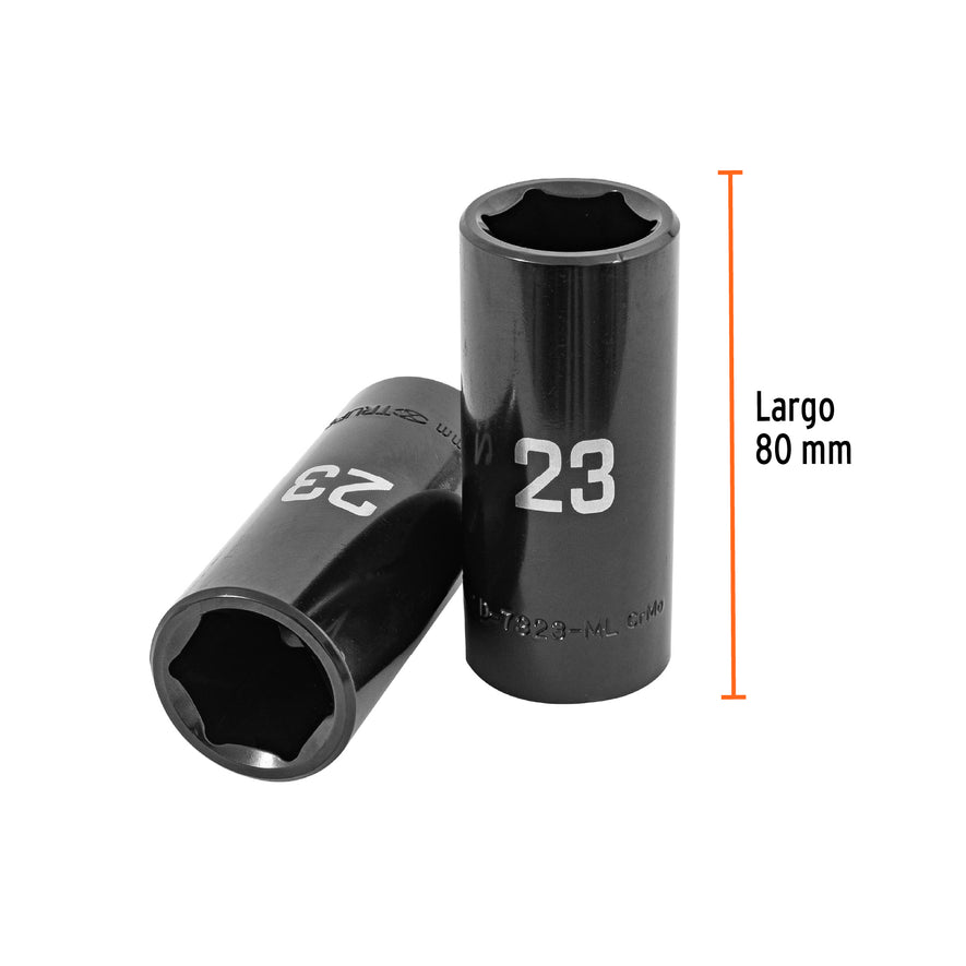 Dado largo impacto de 23 mm, 6 puntas, cuadro 1/2', Truper Caja con 6, 100922