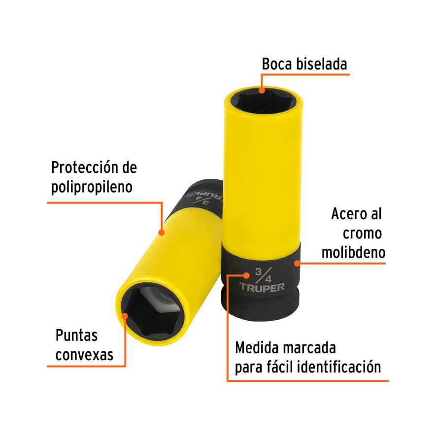 Dado largo impacto prot. plást. 3/4', 6 puntas, cuadro 1/2' Caja con 6, 100927