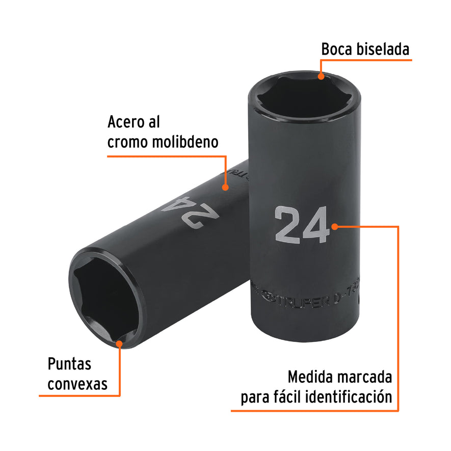 Dado largo impacto de 24 mm, 6 puntas, cuadro 1/2', Truper Caja con 6, 100923