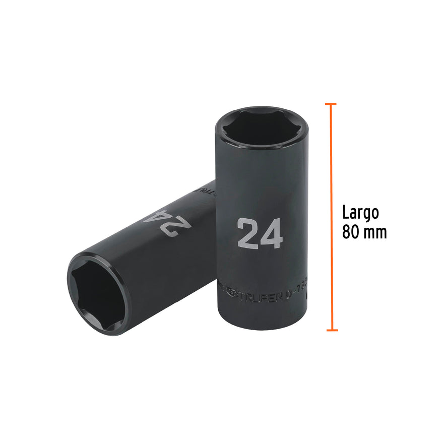 Dado largo impacto de 24 mm, 6 puntas, cuadro 1/2', Truper Caja con 6, 100923