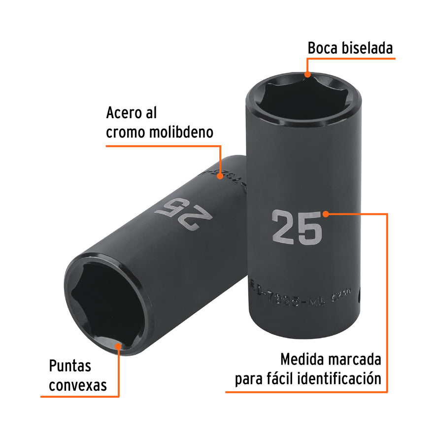Dado largo impacto de 25 mm, 6 puntas, cuadro 1/2', Truper Caja con 6, 100924