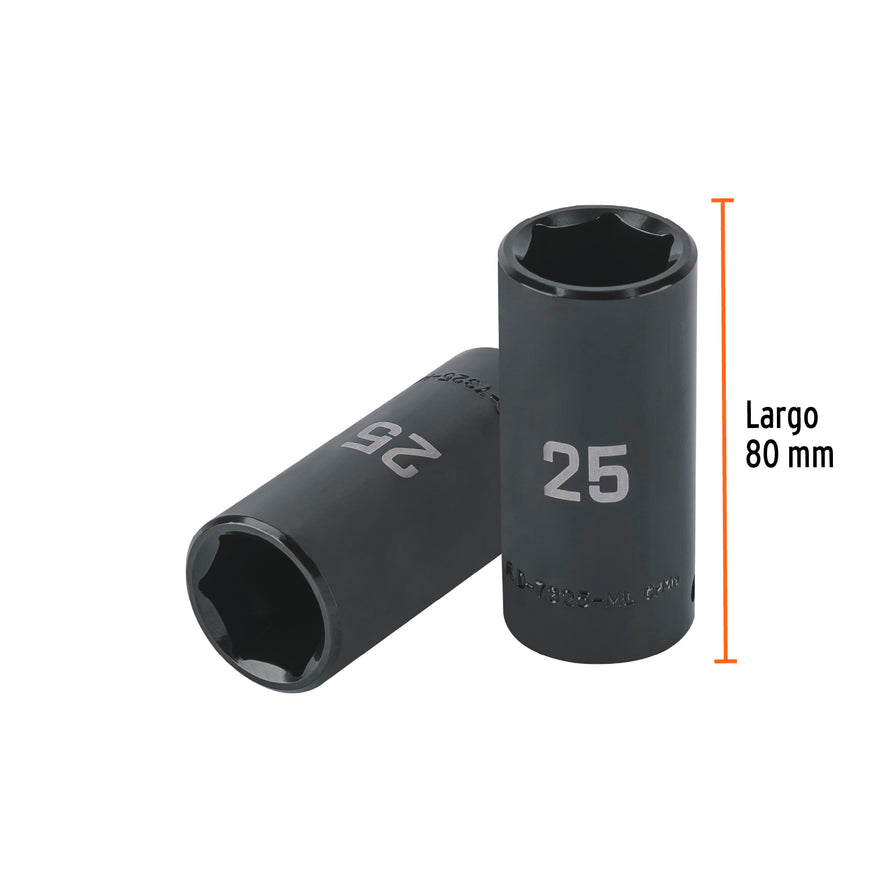 Dado largo impacto de 25 mm, 6 puntas, cuadro 1/2', Truper Caja con 6, 100924