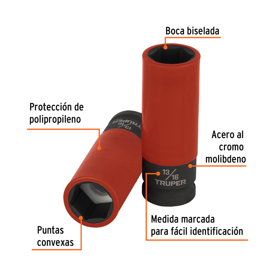 Dado largo impacto prot. plást. 13/16', 6 puntas,cuadro 1/2' Caja con 6, 100928
