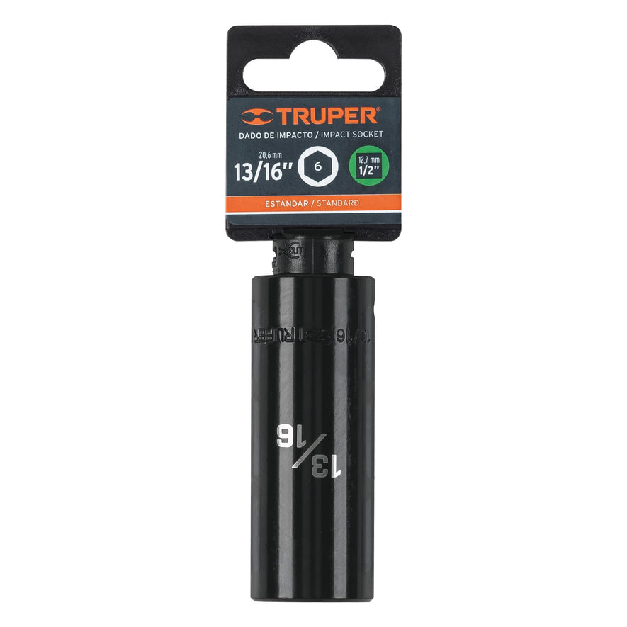 Dado largo impacto de 13/16', 6 puntas, cuadro 1/2', Truper Caja con 6, 13393