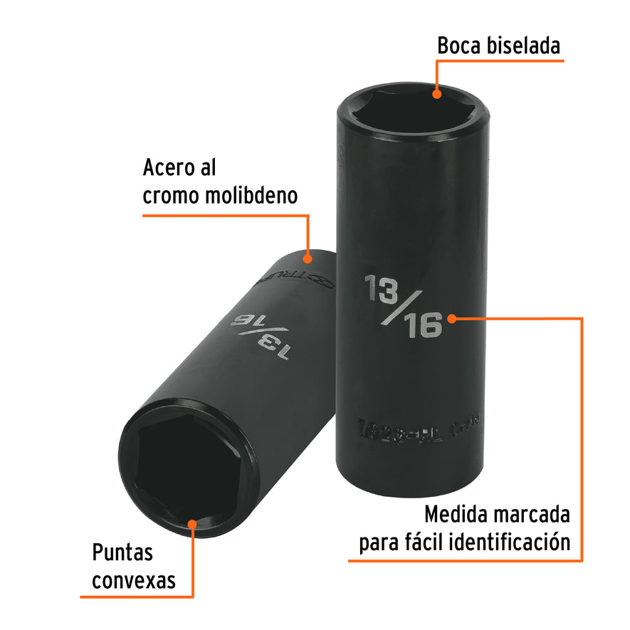 Dado largo impacto de 13/16', 6 puntas, cuadro 1/2', Truper Caja con 6, 13393