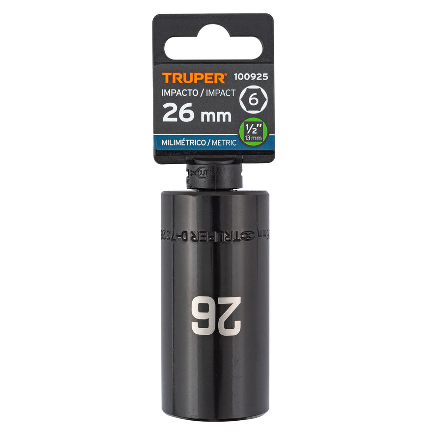 Dado largo impacto de 26 mm, 6 puntas, cuadro 1/2', Truper Caja con 6, 100925