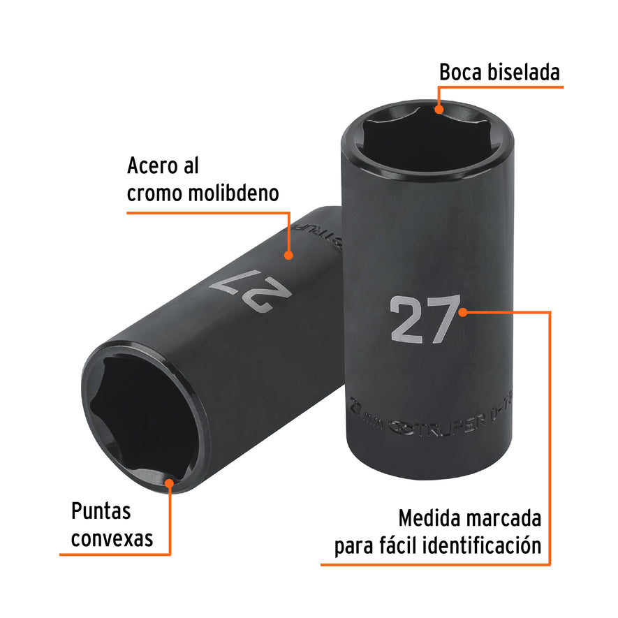 Dado largo impacto de 27 mm, 6 puntas, cuadro 1/2', Truper Caja con 6, 100926