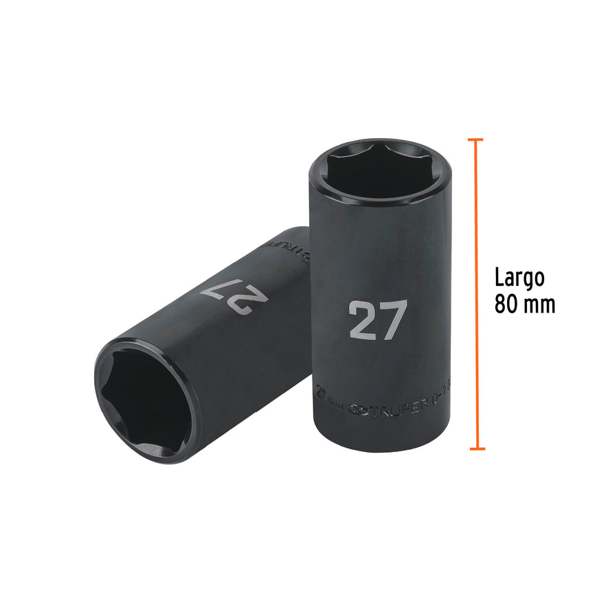 Dado largo impacto de 27 mm, 6 puntas, cuadro 1/2', Truper Caja con 6, 100926