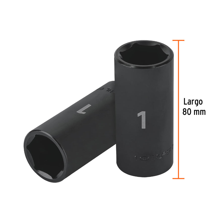 Dado largo impacto de 1', 6 puntas, cuadro 1/2', Truper Caja con 6, 13396