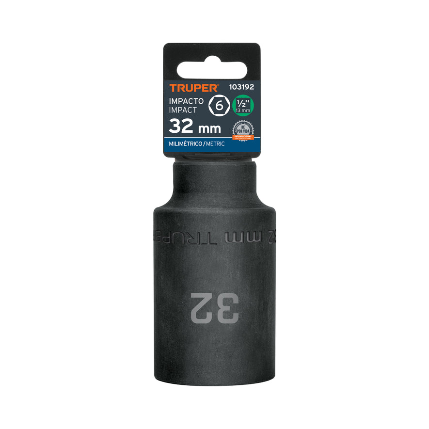 Dado largo impacto de 32 mm, 6 puntas, cuadro 1/2', Truper Caja con 3, 103192