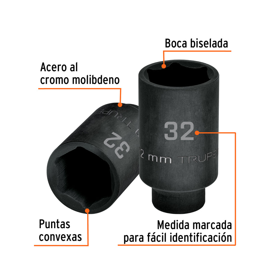 Dado largo impacto de 32 mm, 6 puntas, cuadro 1/2', Truper Caja con 3, 103192
