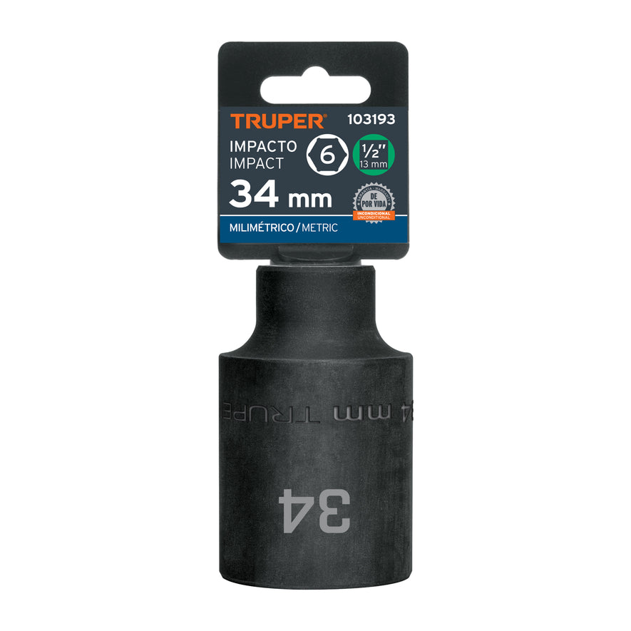 Dado largo impacto de 34 mm, 6 puntas, cuadro 1/2', Truper Caja con 3, 103193