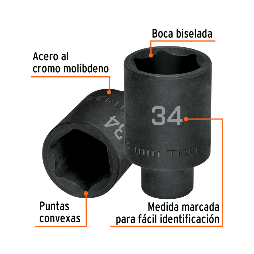 Dado largo impacto de 34 mm, 6 puntas, cuadro 1/2', Truper Caja con 3, 103193