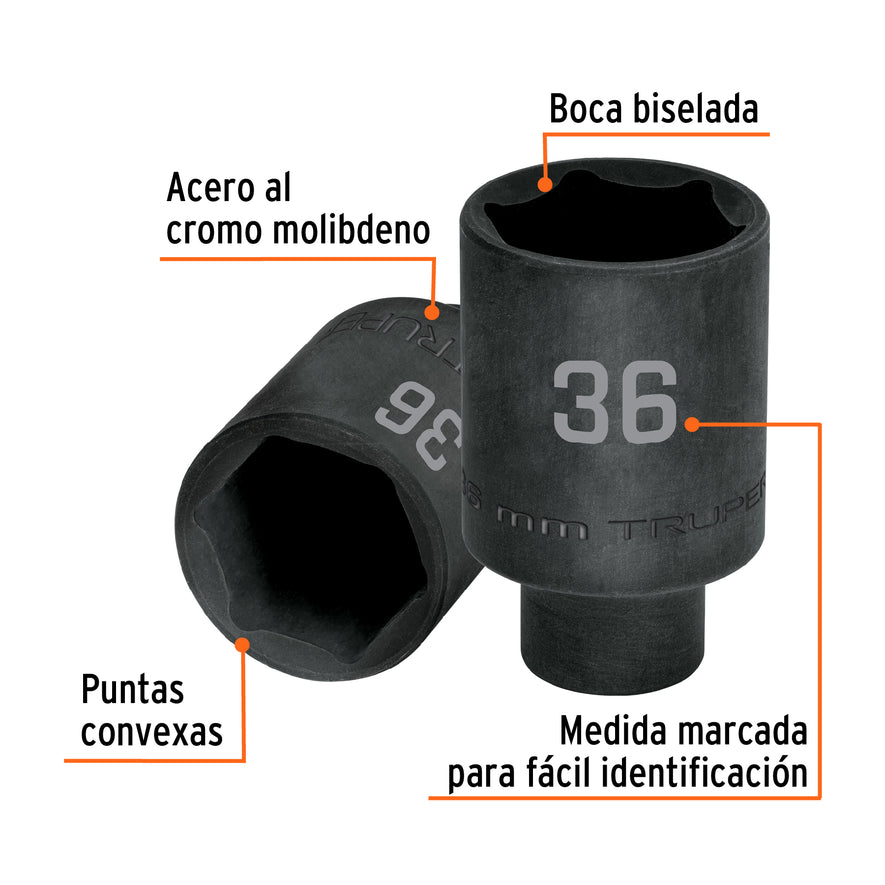 Dado largo impacto de 36 mm, 6 puntas, cuadro 1/2', Truper Caja con 3, 103194