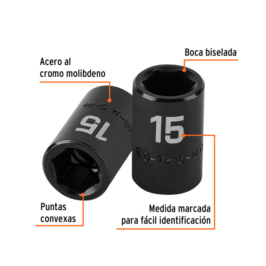 Dado cuadro 1/2' de impacto 6 puntas de 15 mm, Truper Caja con 6, 12415