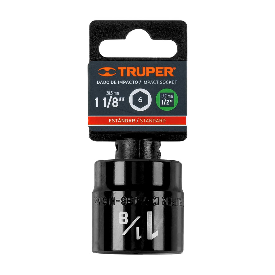 Dado de impacto de 1-1/8', 6 puntas, cuadro 1/2', Truper Caja con 6, 13398