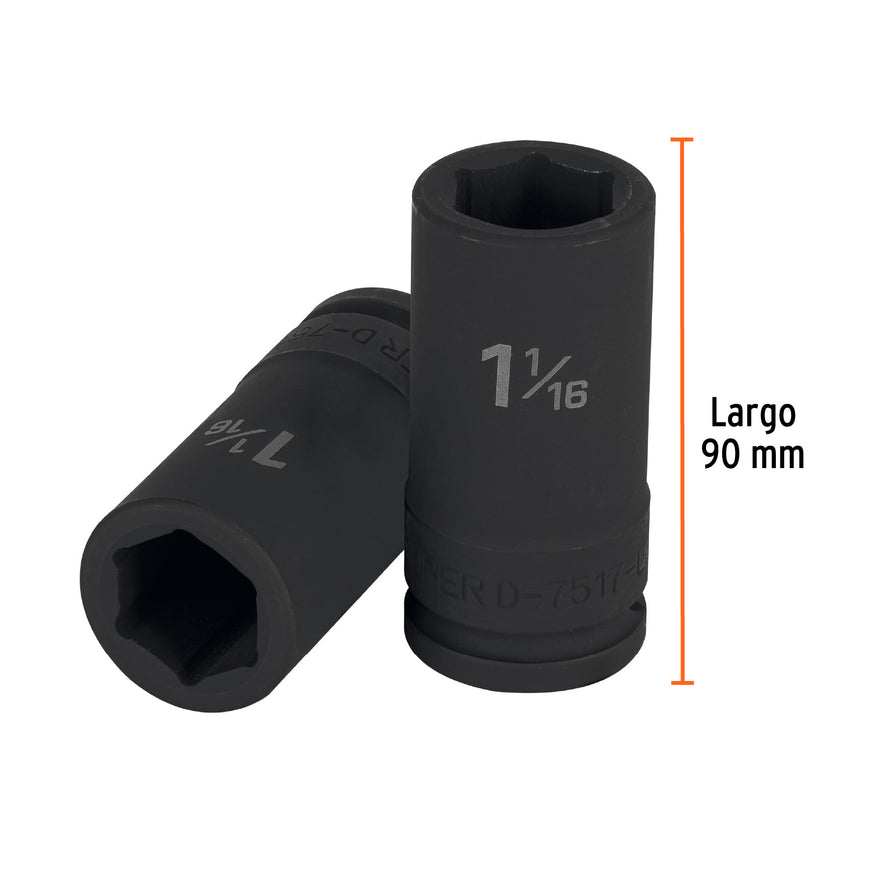 Dado largo de impacto de 1-1/16', 6 puntas, cuadro 3/4' Caja con 3, 12435
