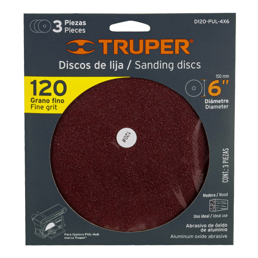 discos de lija 6' grano 120 para PUL 4x6, Truper Caja con 4, 16165
