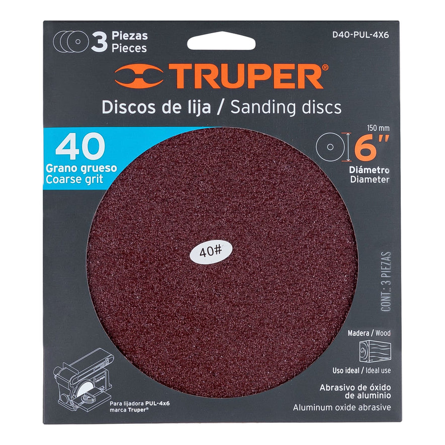 discos de lija 6' grano 40 para PUL 4x6, Truper Caja con 4, 16162