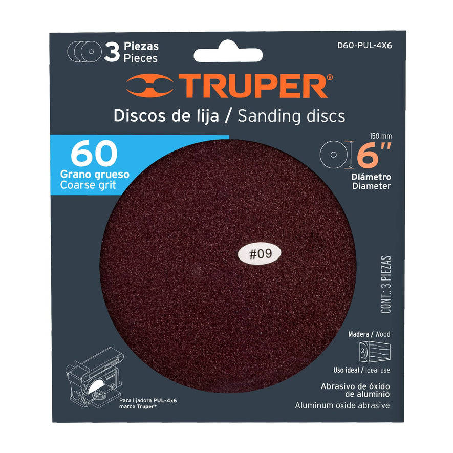 discos de lija 6' grano 60 para PUL 4x6, Truper Caja con 4, 16163