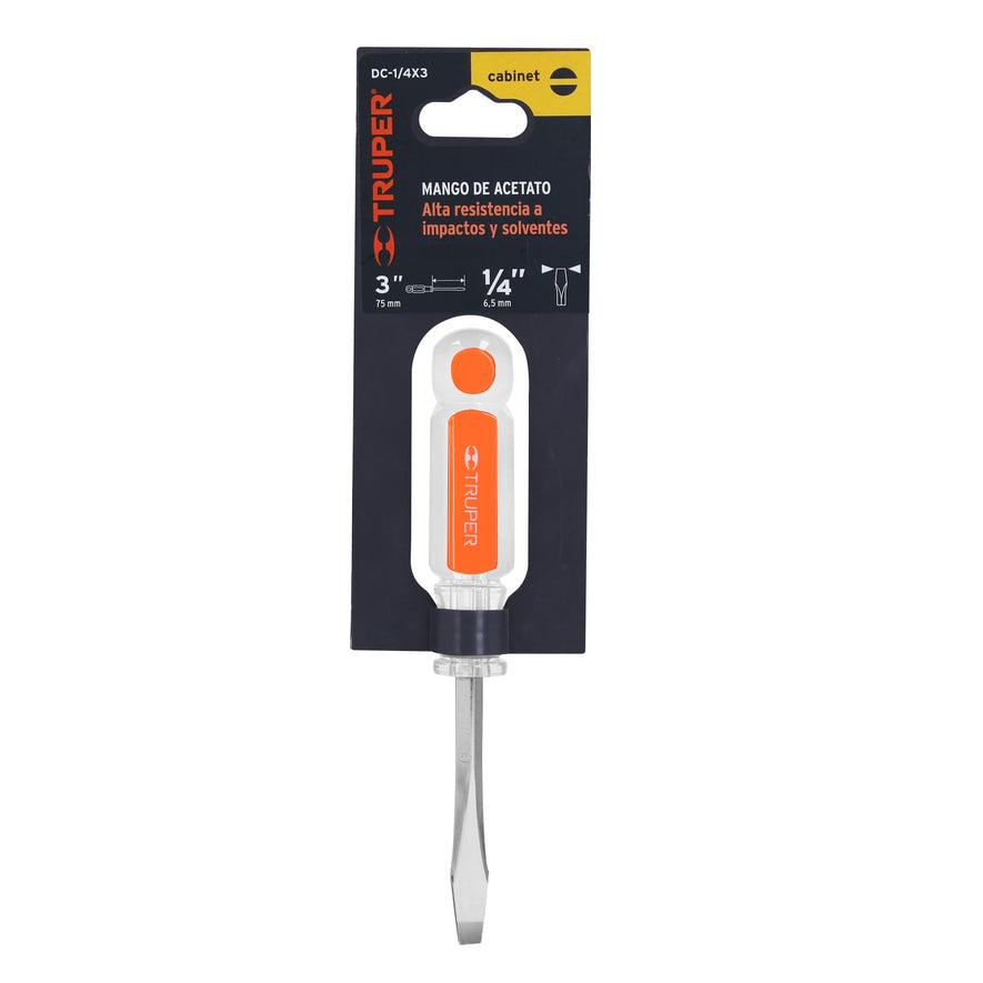 Desarmador plano 1/4 x 3' barra cuadrada mango acetato Caja con 6, 14089