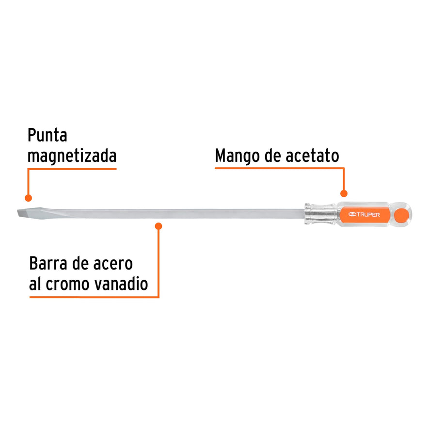 Desarmador plano 3/8 x 12' barra cuadrada mango acetato Caja con 6, 14116