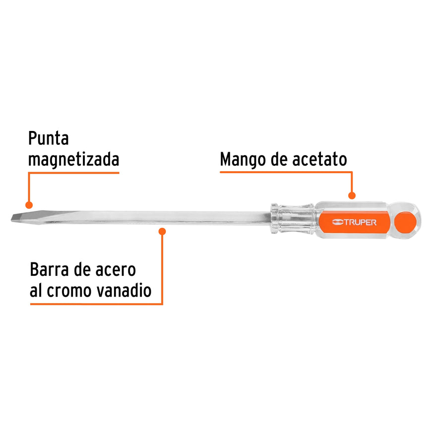 Desarmador plano 3/8 x 8' barra cuadrada mango acetato Caja con 6, 14110