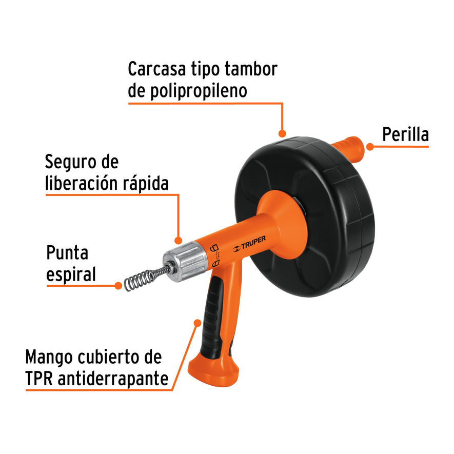 Destapacaños de 7.6 m para taladro, con mango, Truper, 12280