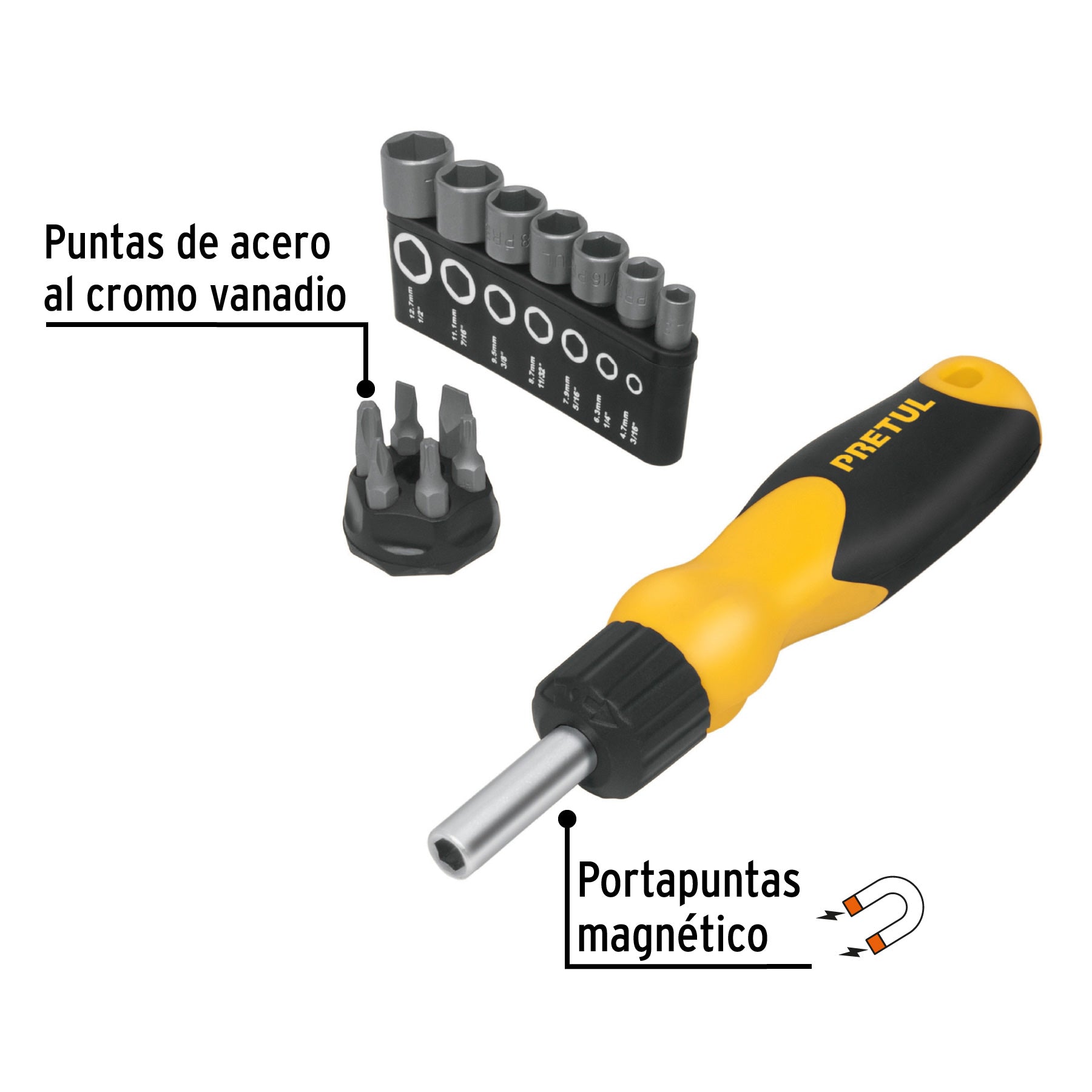 Desarmador tipo matraca con 6 puntas y 7 dados, Pretul Caja con 6, 22974