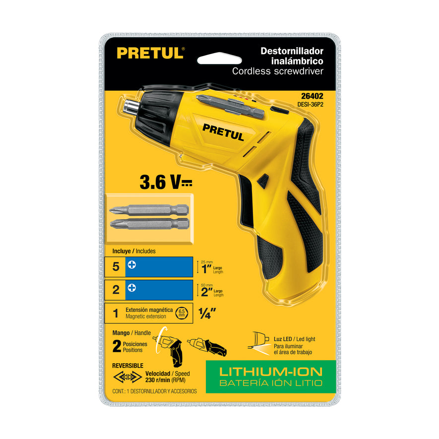 Destornillador inalámbrico de dos posiciones, 3.6V, PRETUL Caja con 2, 26402