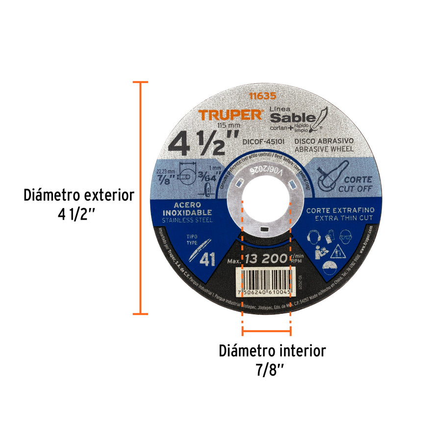 Disco Tipo 41 de 4-1/2' x 1 mm corte fino acero inox, Sable Caja con 5, 11635
