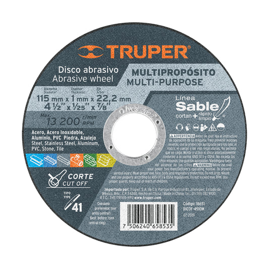 Disco Tipo 41 de 4-1/2' x 1 mm corte multimaterial, Sable Caja con 10, 18651