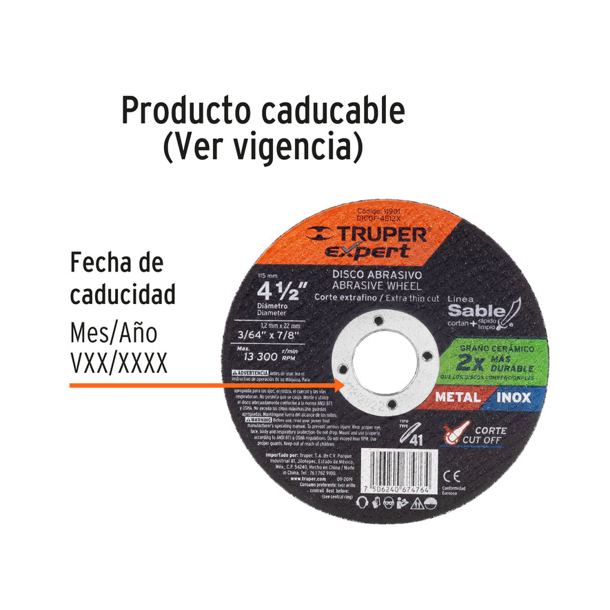 Disco Tipo 41 de 4-1/2' x 1.2 mm corte fino de metal, Expert Caja con 5, 11901