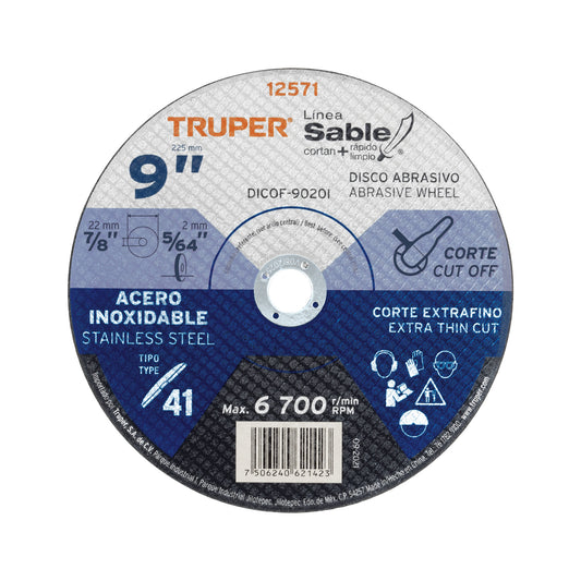 Disco Tipo 41 de 9' x 2 mm corte fino acero inox, Sable Caja con 5, 12571