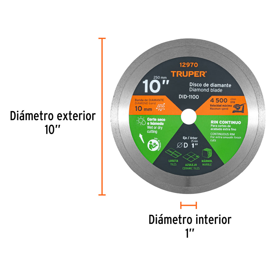 Disco de diamante de 10' x 2.2 mm rin continuo, Truper, 12970