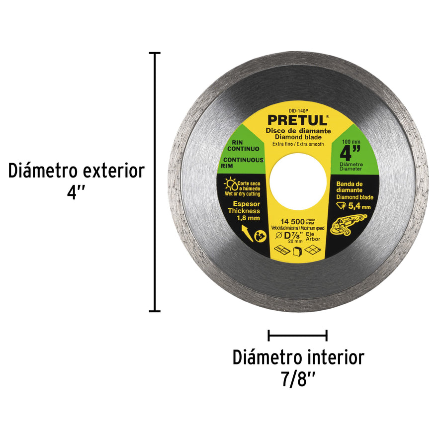 Disco de diamante de 4' x 1.8 mm rin continuo, Pretul Caja con 4, 21001