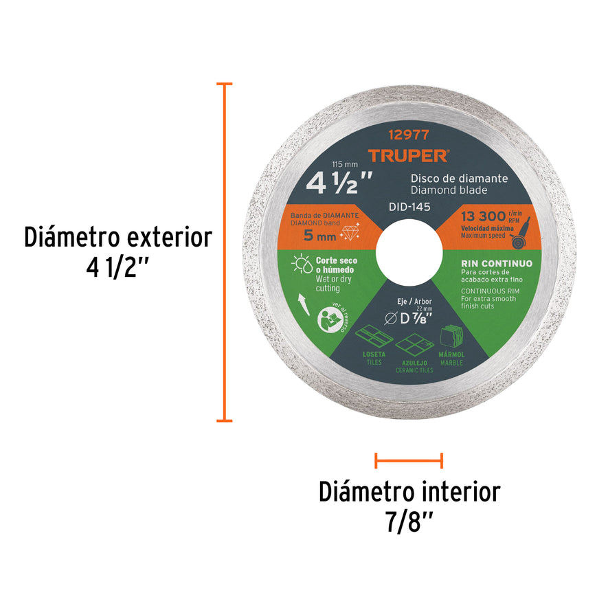 Disco de diamante de 4-1/2' x 1.6 mm rin continuo, Truper Caja con 4, 12977