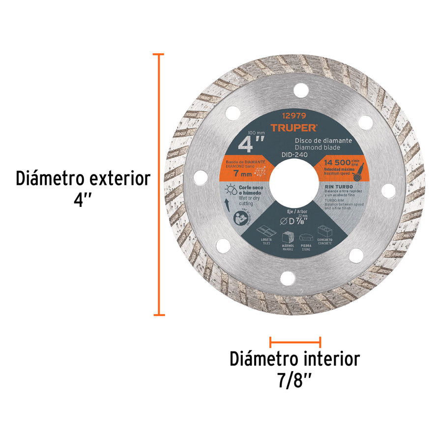 Disco de diamante de 4' x 2.2 mm rin turbo, Truper Caja con 2, 12979