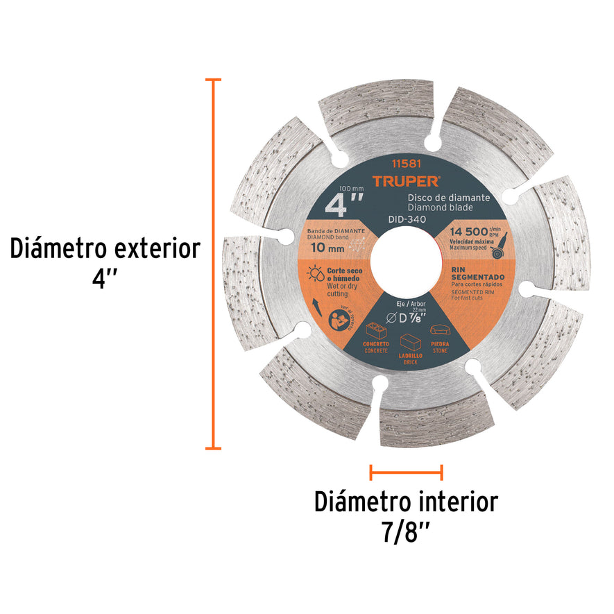 Disco de diamante de 4' x 2.1 mm rin segmentado, Truper Caja con 2, 11581