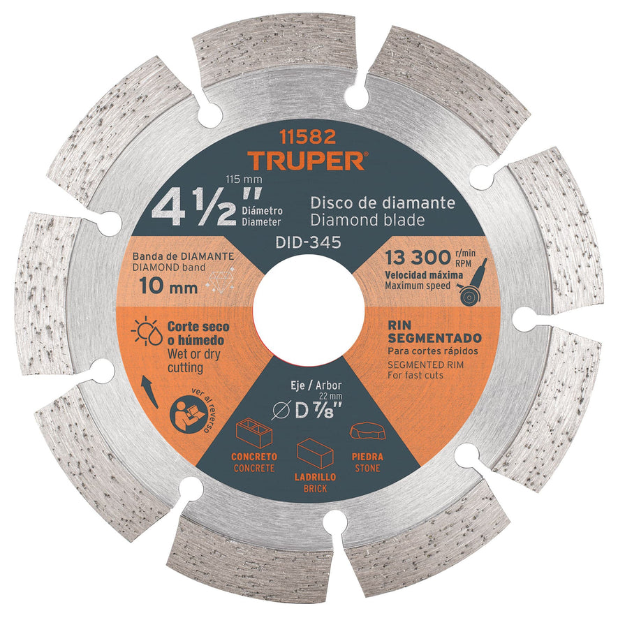 Disco de diamante de 4-1/2' x 2.1 mm rin segmentado, Truper Caja con 4, 11582
