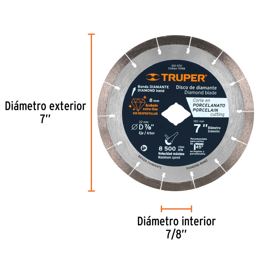 Disco de diamante de 7' x 1.6 mm corte de porcelanato Caja con 2, 15198
