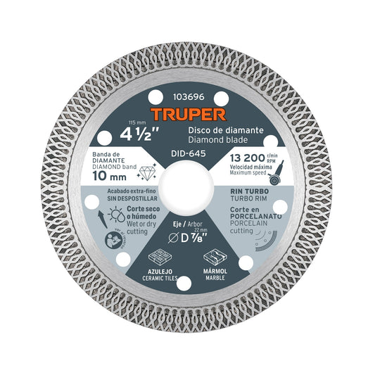 Disco de diamante 4 1/2' corte porcelanato, Truper, 103696