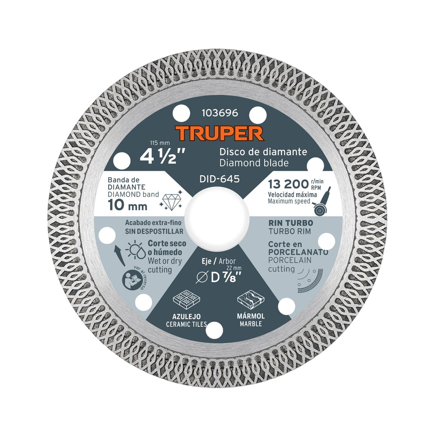 Disco de diamante 4 1/2' corte porcelanato, Truper, 103696