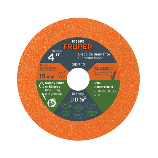 Disco de diamante 4', corte de vidrio, Truper Caja con 4, 103695