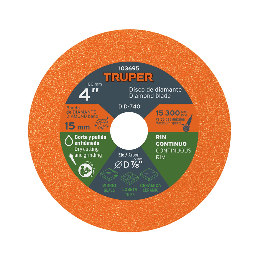 Disco de diamante 4', corte de vidrio, Truper Caja con 4, 103695