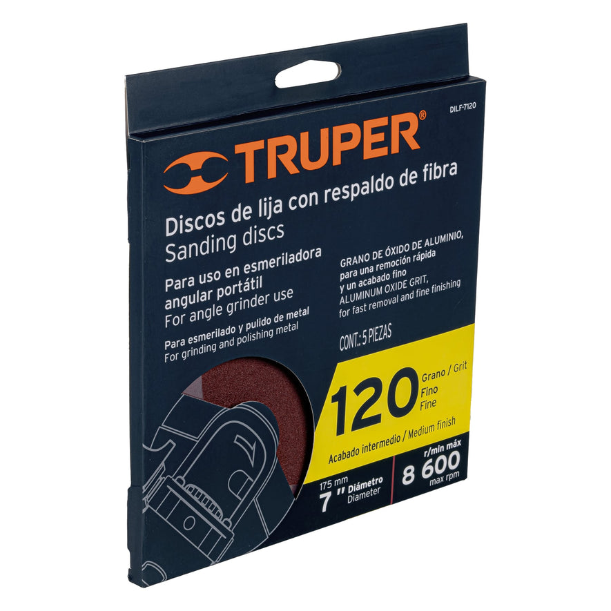 Disco de lija de 7' con respaldo de fibra, grano 120, Truper Caja con 5, 100163