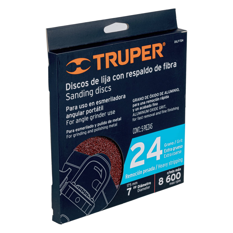 Disco de lija de 7' con respaldo de fibra, grano 24, Truper Caja con 5, 100129