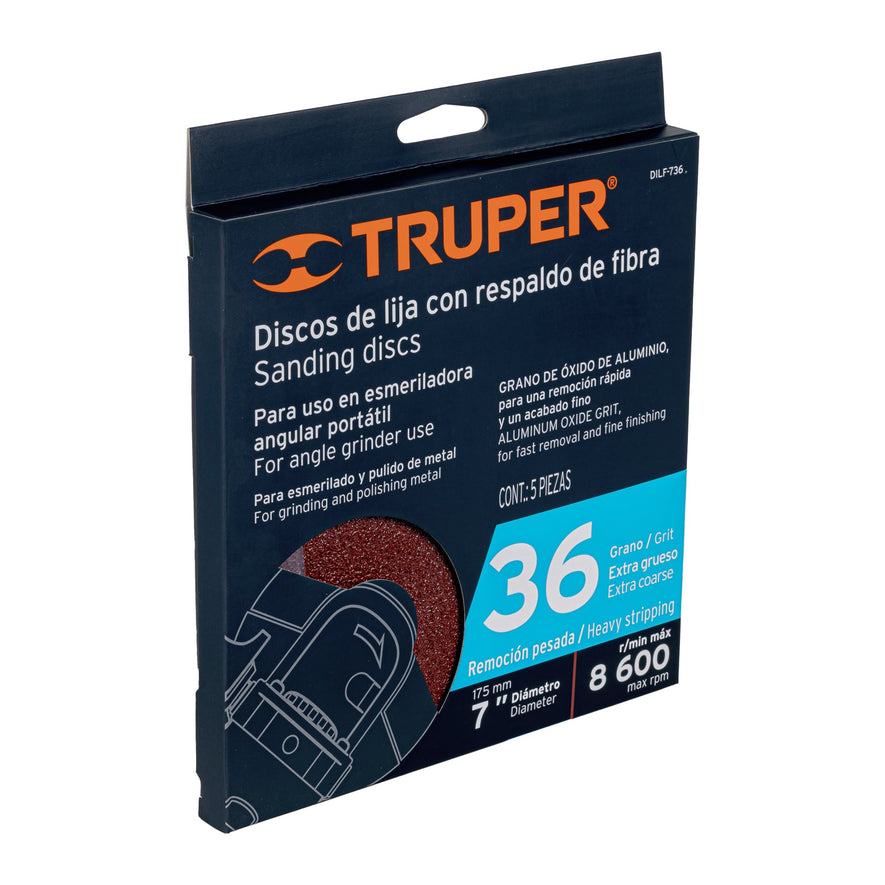 Disco de lija de 7' con respaldo de fibra, grano 36, Truper Caja con 5, 100160