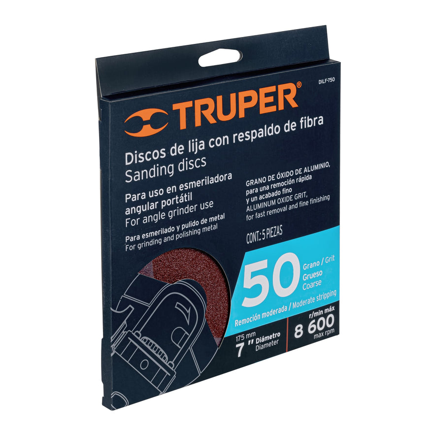 Disco de lija de 7' con respaldo de fibra, grano 50, Truper Caja con 5, 100161