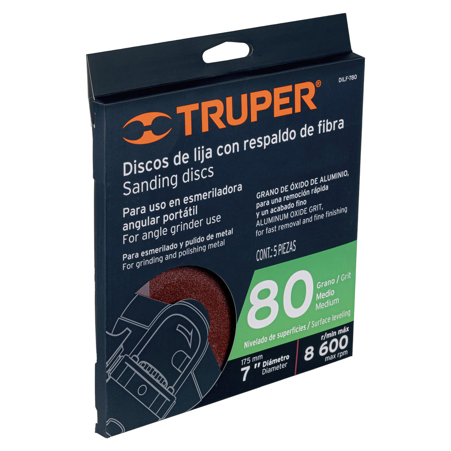 Disco de lija de 7' con respaldo de fibra, grano 80, Truper Caja con 5, 100162